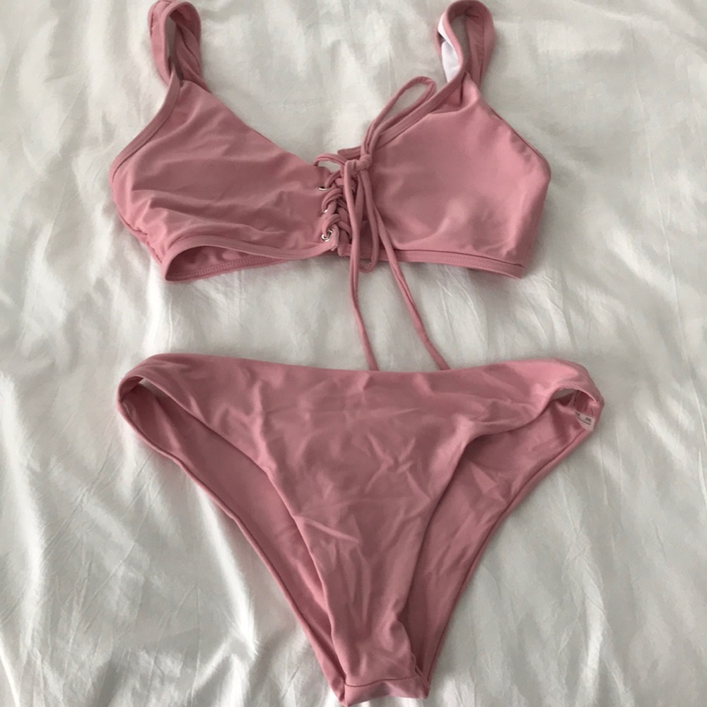 Mute pink lace up bikini